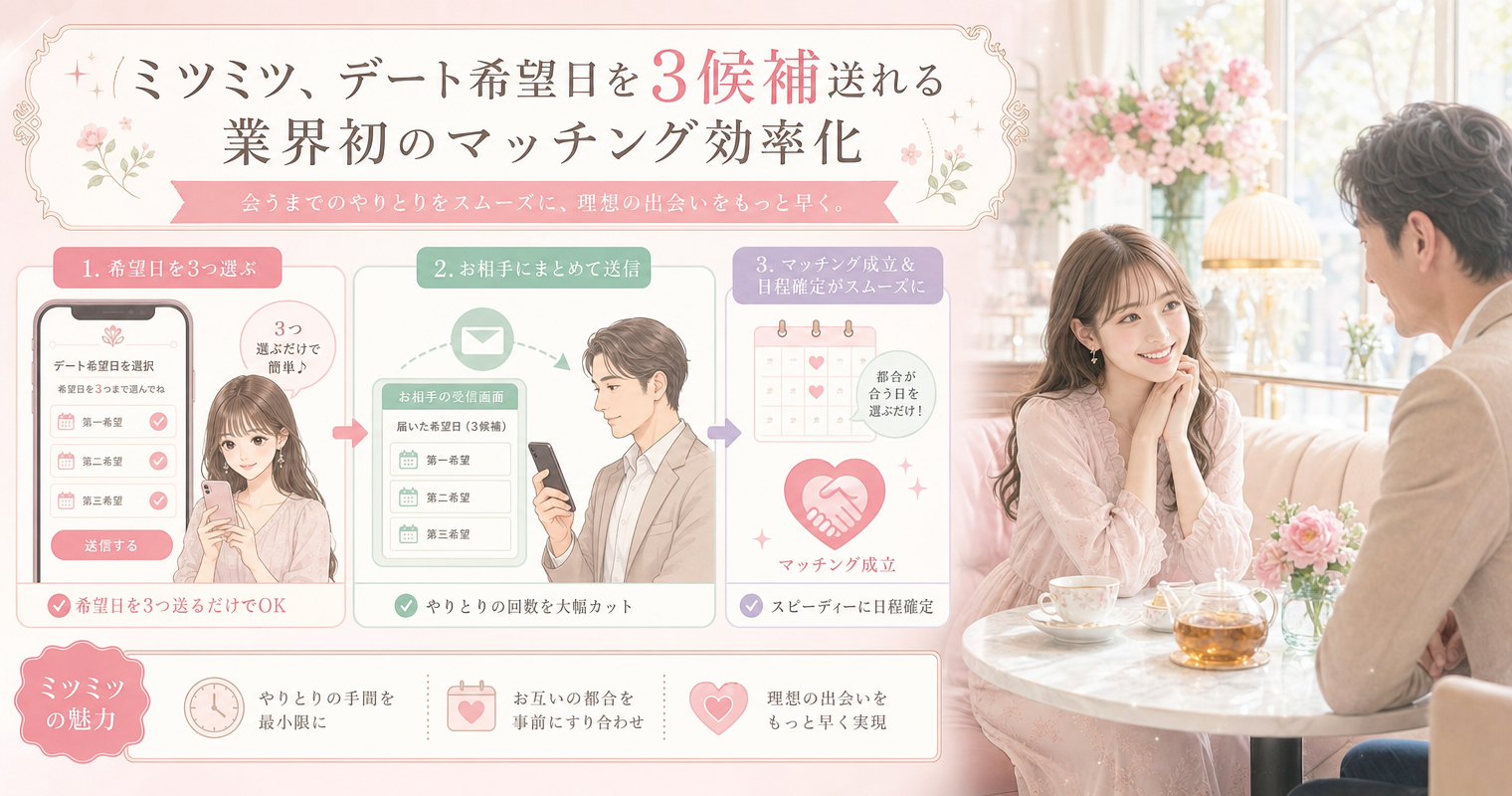 第5位：ミツミツ、デート希望日を3候補送れる業界初のマッチング効率化